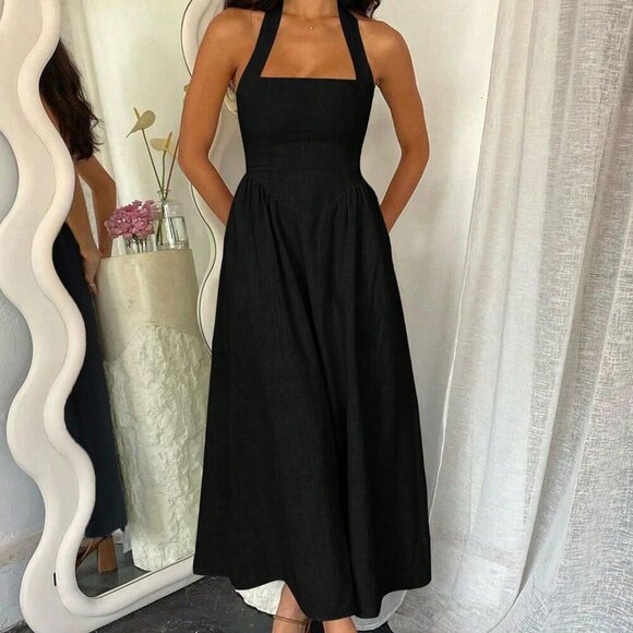 Black Casual Women's Elegant Long maxi Dress beach Vacation - Picture 2 of 11